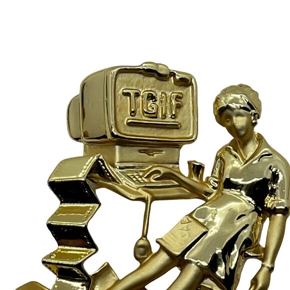 Brooch Lapel Pin TGIF Computer Overworked Career 19902 Gold Tone Danecraft Women - Picture 3 of 16